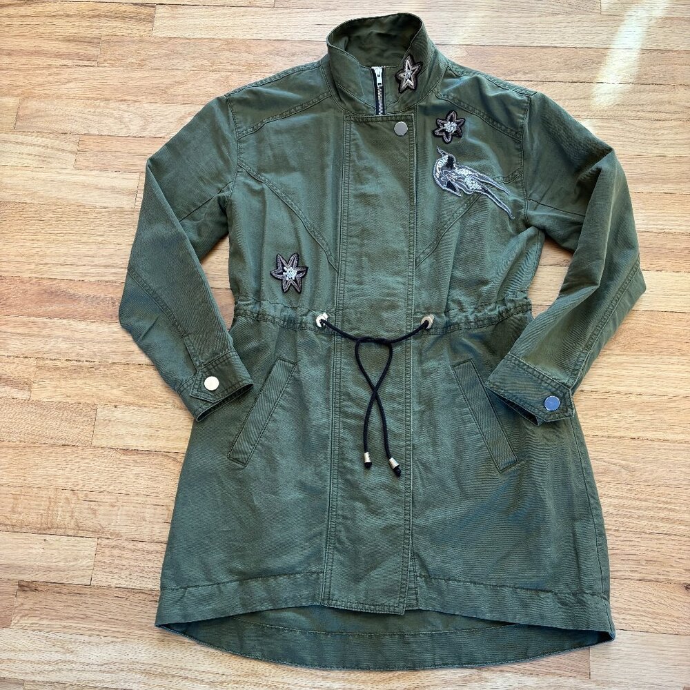 CAbi Hanson Anorak Utility Military Jacket Sequin Bird Moss Army Green XXS #3371